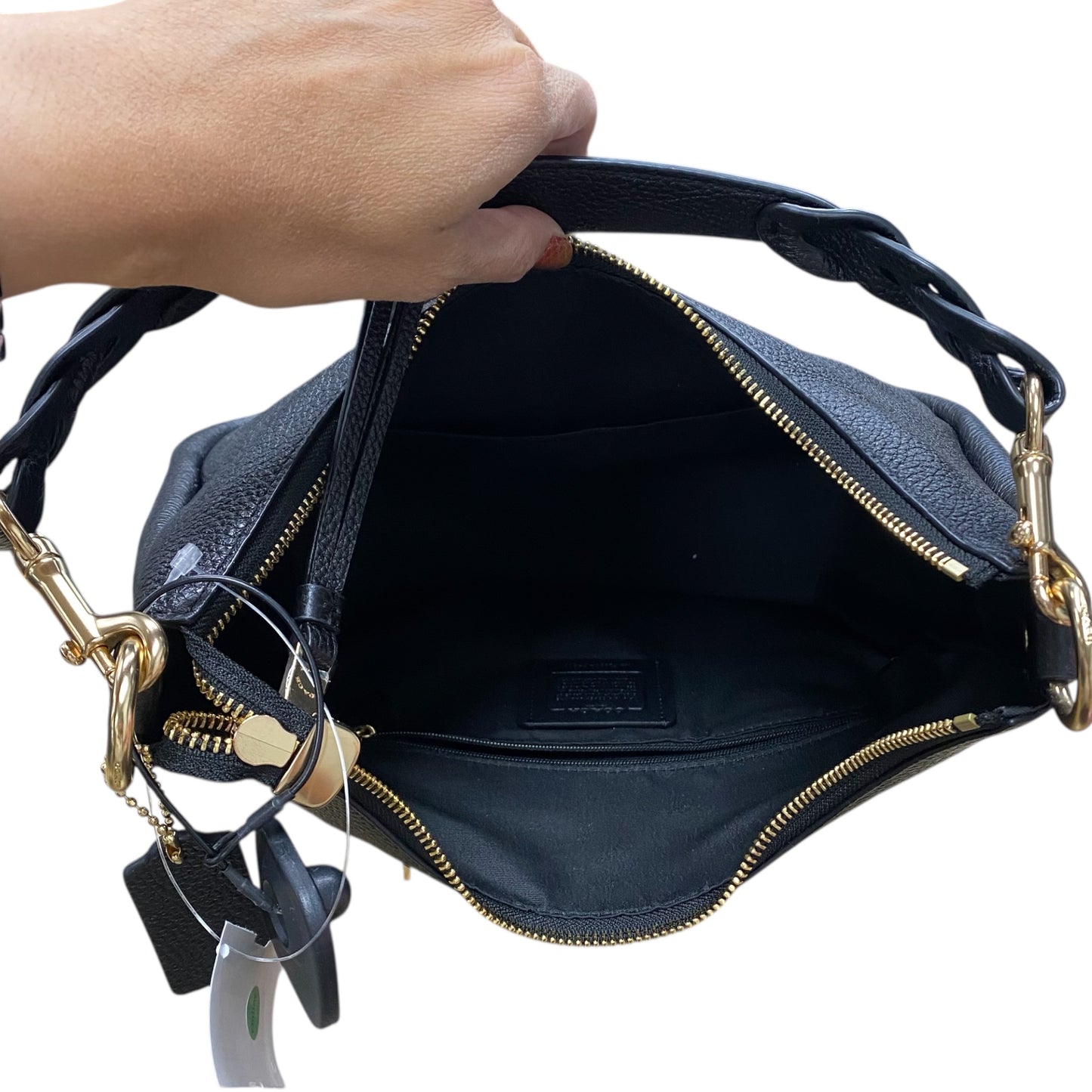 Handbag Designer By Coach In Black & Gold, Size:Medium