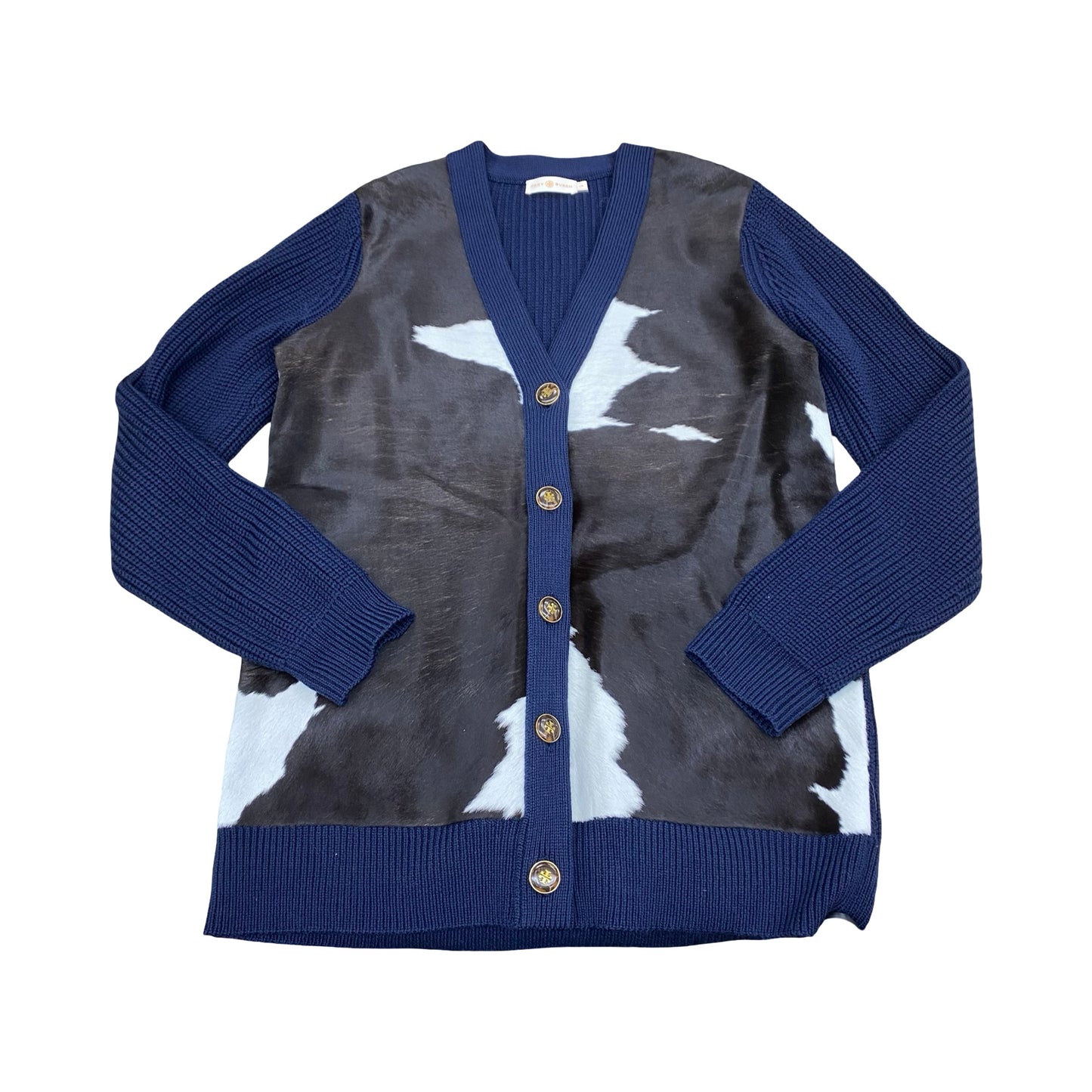 Sweater Cardigan Designer By Tory Burch In Blue & Brown, Size:L