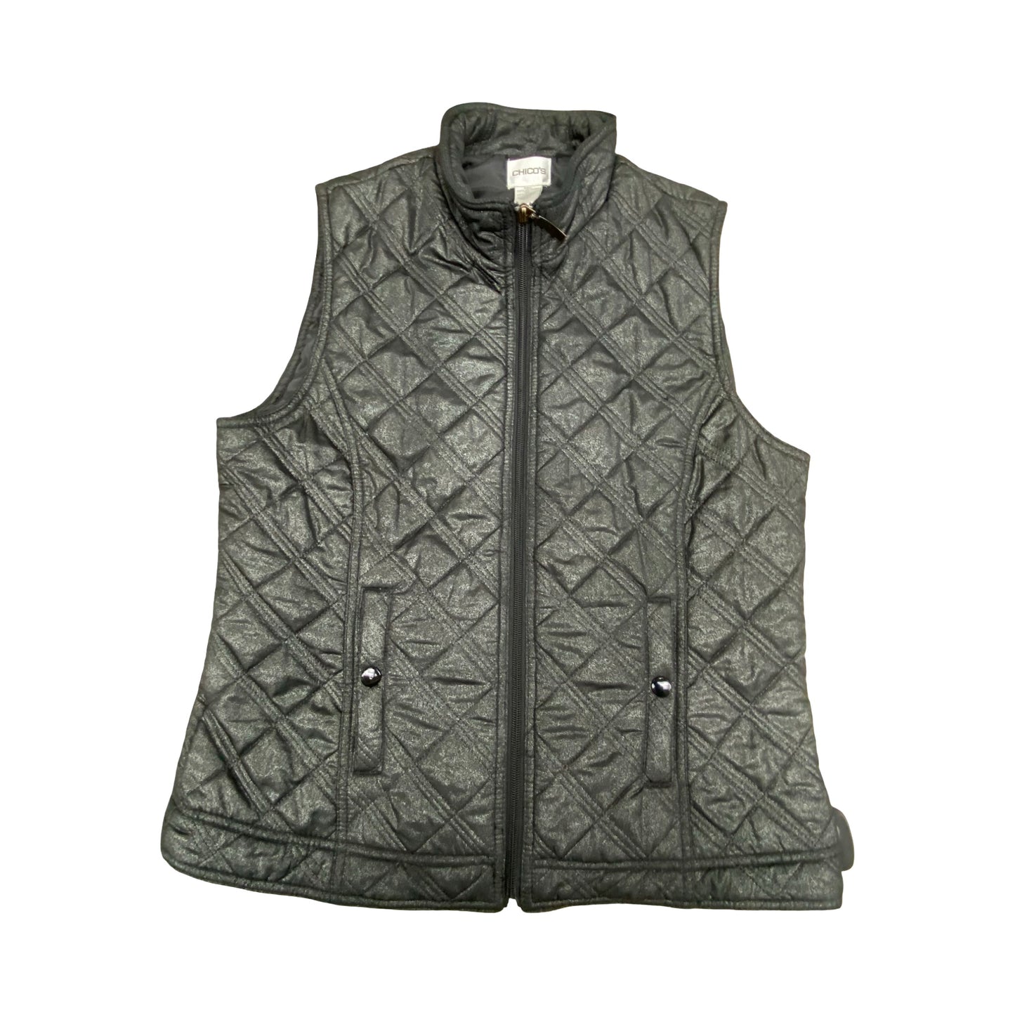 Vest Puffer & Quilted By Chicos In Black & Silver, Size:M