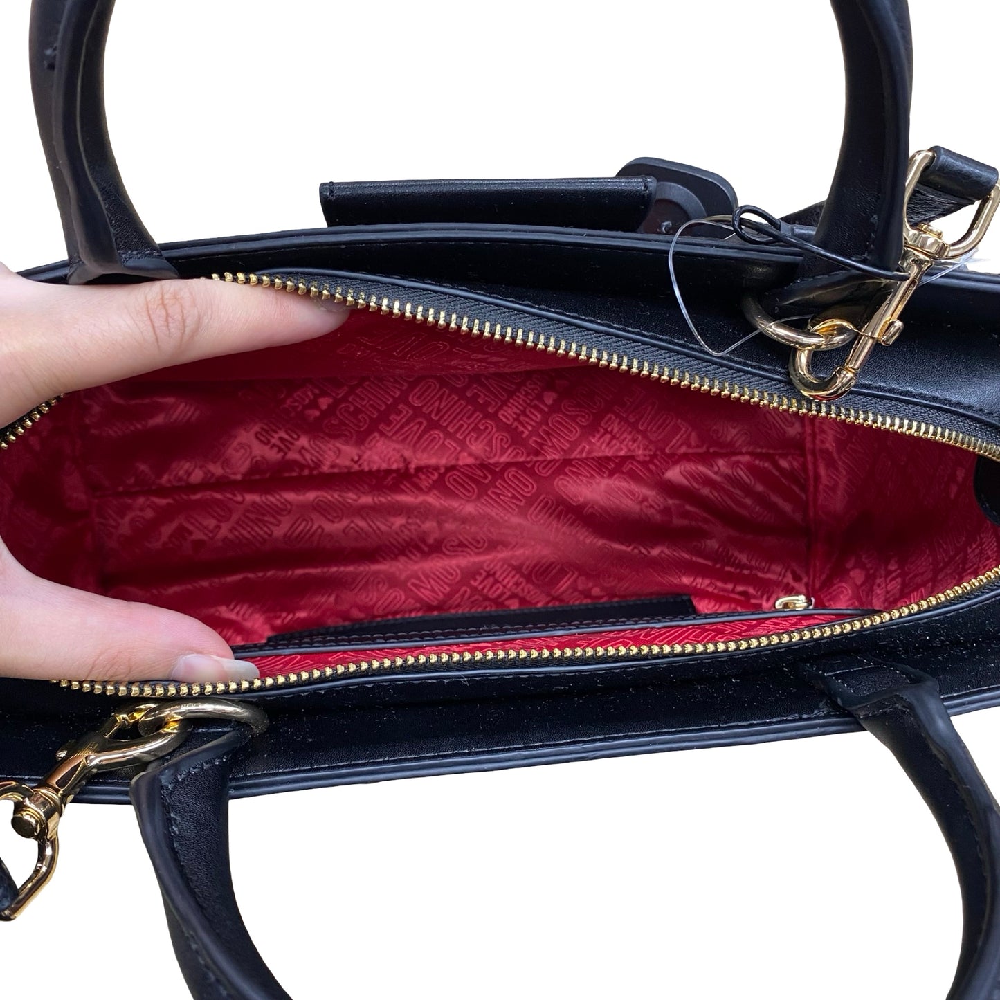 Designer Handbag By Love Moschino In Black & Red, Size:Large
