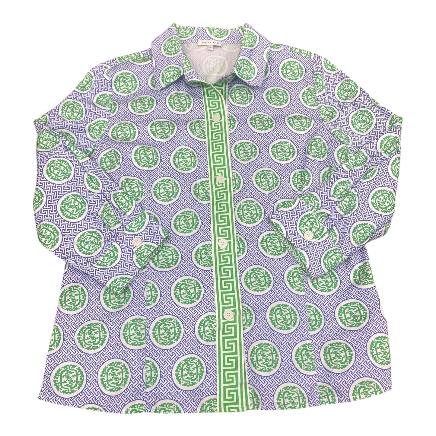 Top 3/4 Sleeve Designer By Cma In Blue & Green, Size:L