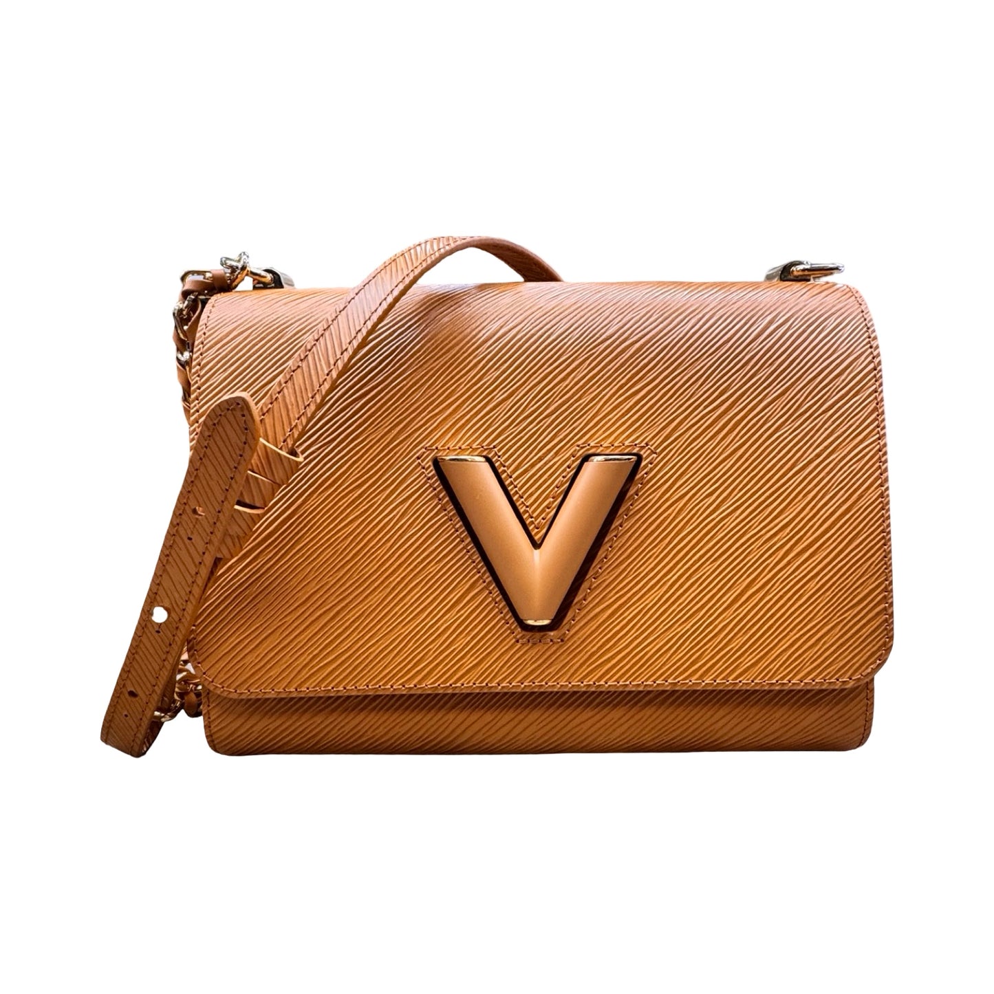 Epi Twist MM Handbag Luxury Designer By Louis Vuitton In Gold Full Set, Size:Medium (MM)